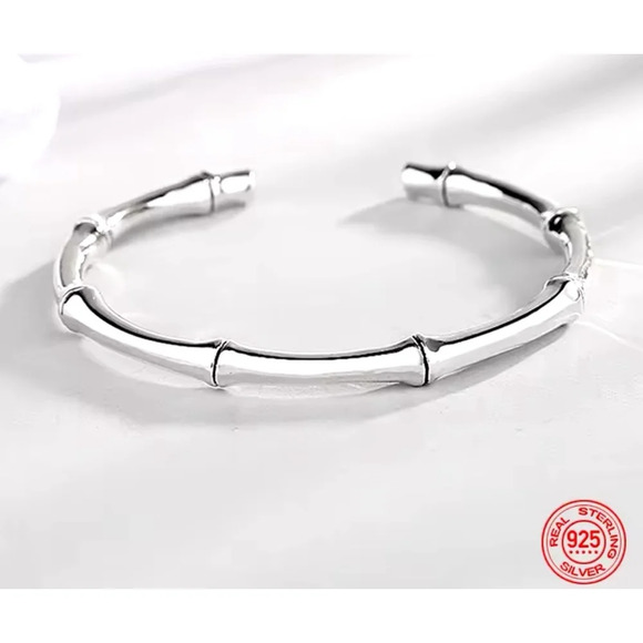 NEW‎ Unisex Bamboo Bone 925 Sterling Silver Cuff Bracelet Adjustable - Picture 1 of 14